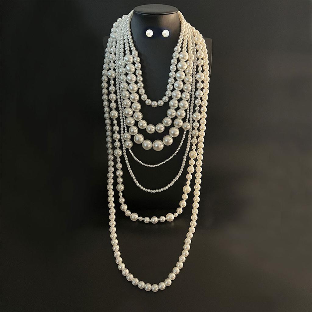 Trendy Geometric Design 7 Layer Pearls Chain Statement Jewelry Set Vintage Fashion Pears Jewelry Suitable For All Season
