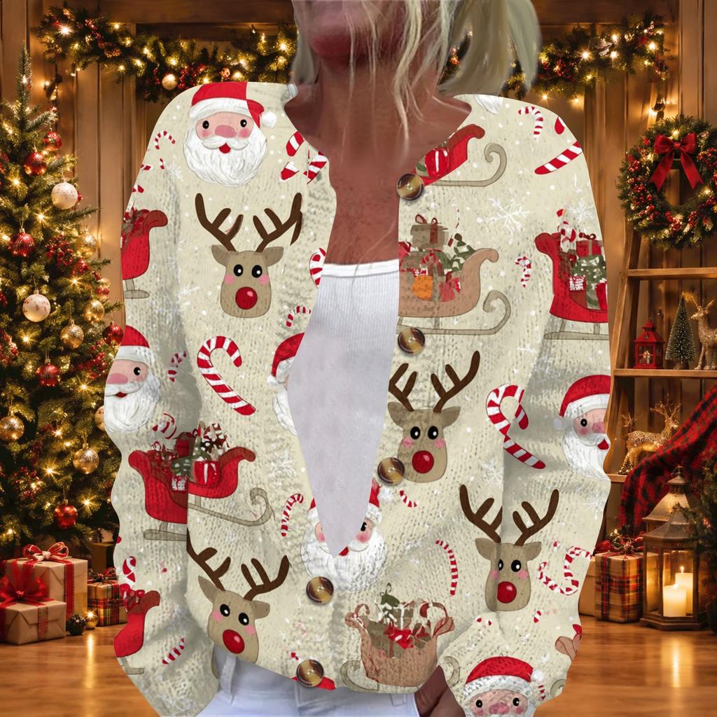 Women's Christmas Print Long Sleeve Knit Cardigan Button Down Sweater