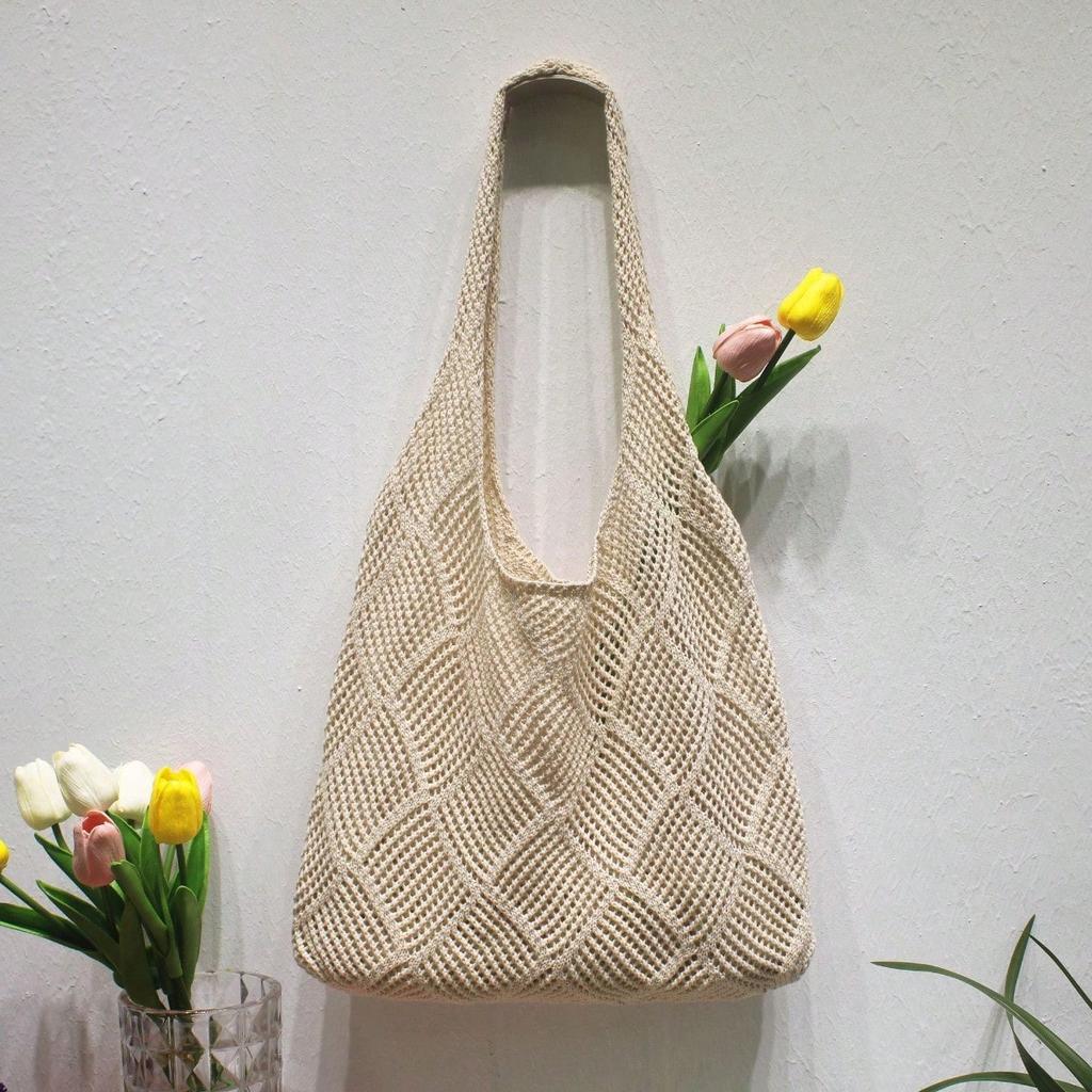 Lazy Wind Bag Women's Spring Summer Satchel Hollow Knitted Bag Shoulder Bag Woven Bag Shopping Bag