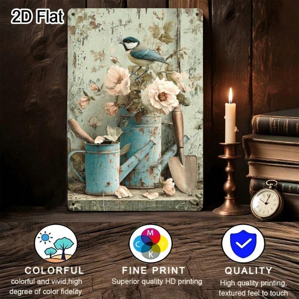Vintage Metal Wall Art 8x12 Inch, Rustic Garden Scene with Pink Roses and Bluebirds In Vase, Durable Outdoor Decor