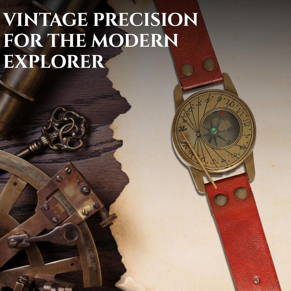 Náramkové hodinky se slunečními hodinami, mosazný kompas a kožené řemínky, námořní steampunk, ruční výroba
