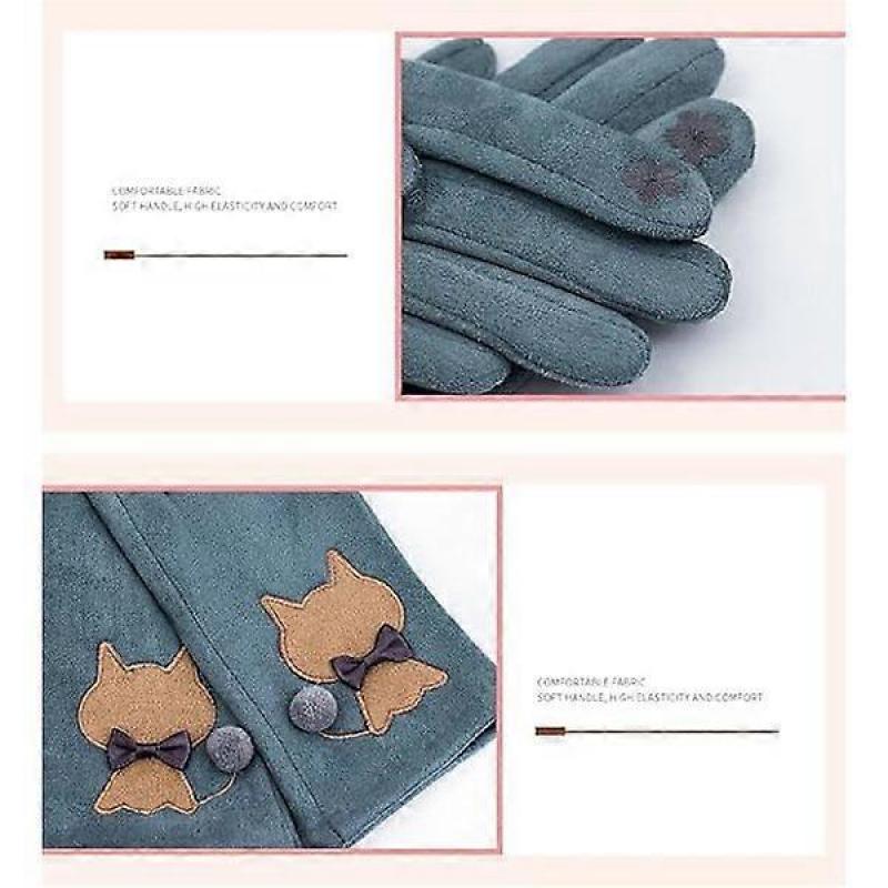 Suede Dust Mittens with Embroidered Cat Motifs, Touch Screen Gloves for Women, Warm and Velvety Cartoon Cat Finger Gloves, Black