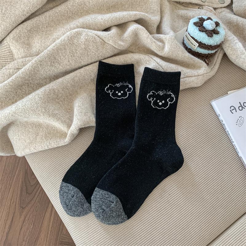 Autumn and Winter Puppy Grey Series Contrasting Color Mid-calf Warm Wool Women's Socks Cartoon Cute School Style Comfortable