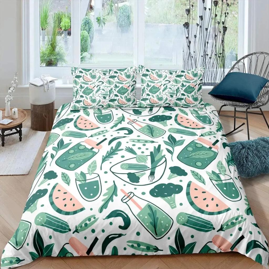 Watermelon Duvet Cover Set Green and Red Colour Polyester Comforter Cover King Queen Full Size for Kids Teens Adults Bedding Set