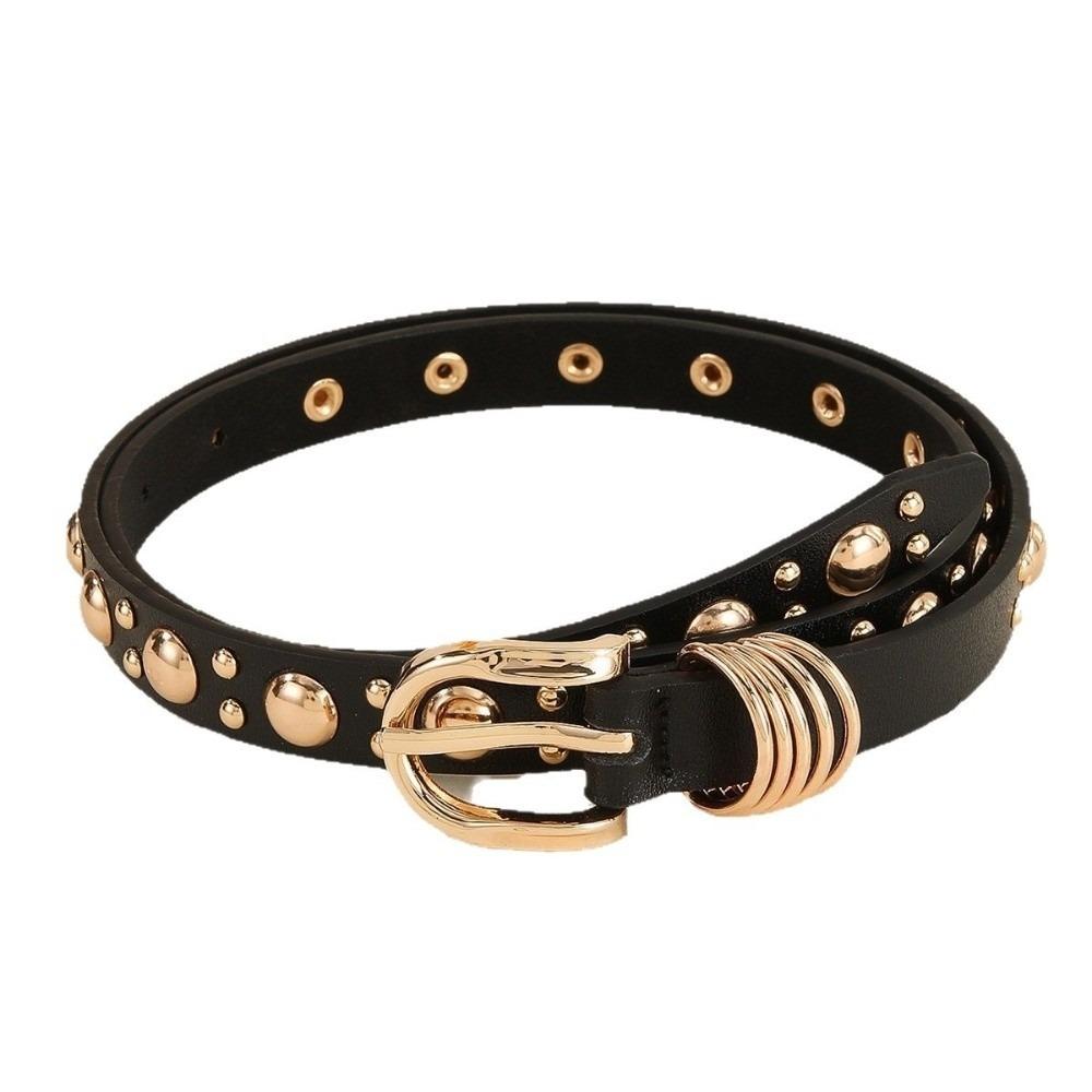 Pu Leather Inlaid Gold Mushroom Stud Belt Metal Buckle Jeans Belt Dress Waistband  Women's