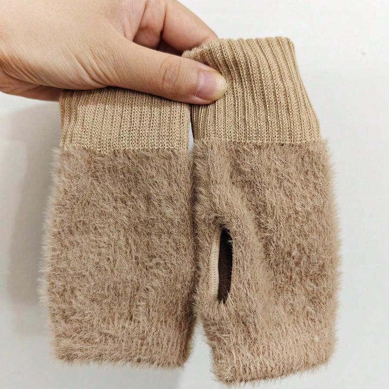 

1 пара новых перчаток без пальцев из норки для женщин, мягкие, зимние, теплые, роскошные, однотонные, плюшевые, вязаные перчатки без пальцев хаки