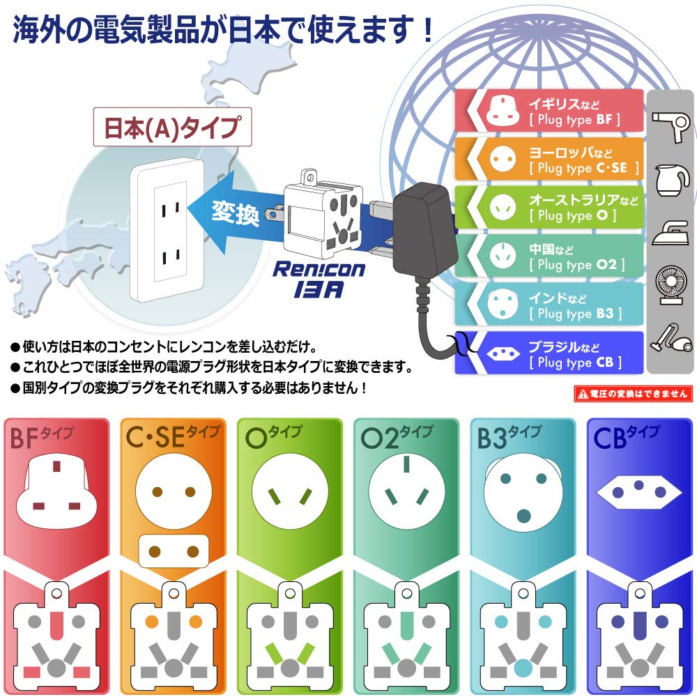 RWG125CR Japan Domestic Exclusive Power Plug Lotus Root 13A Multi Conversion Plug Adapter BF C SE O O2 B3 CB EU AU CN IN Type Compatible Large