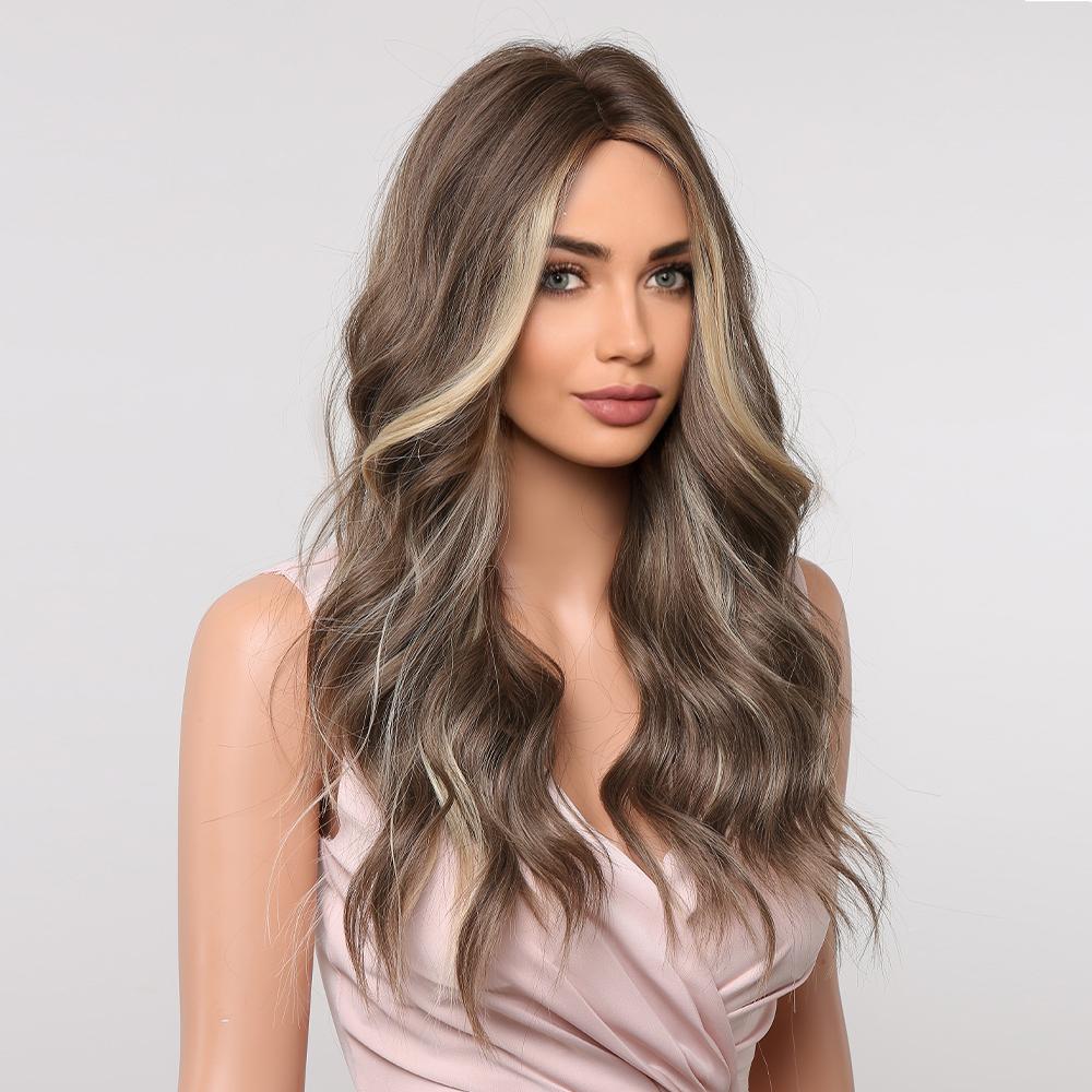 Long Wavy Brown Synthetic Wigs Middle Part for Women Blonde Highlighted Hair Heat Resistant Cosplay Daily Wigs