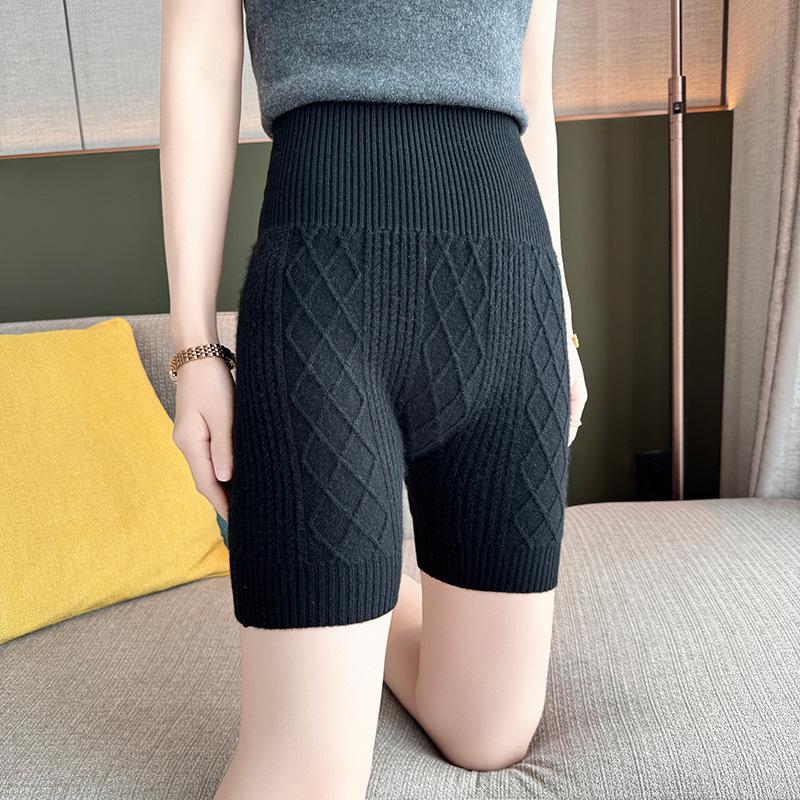 Women's High-Waisted Cashmere Base Layer Pants: Autumn/Winter Warmth, Abdomen Slimming, Waist Protection, Anti-Exposure Wool Knit Shorts.