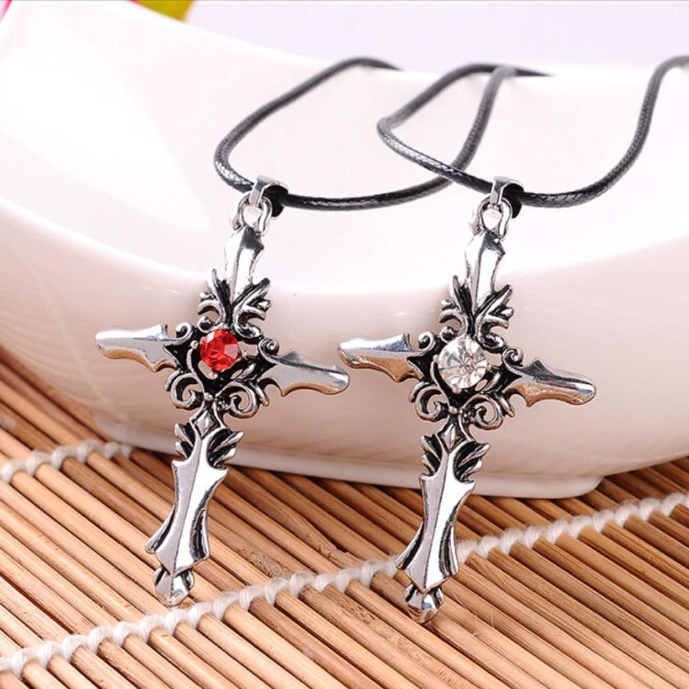 2Pc Rhinestone Cross Pendant Necklace for Couples in Titanium Steel