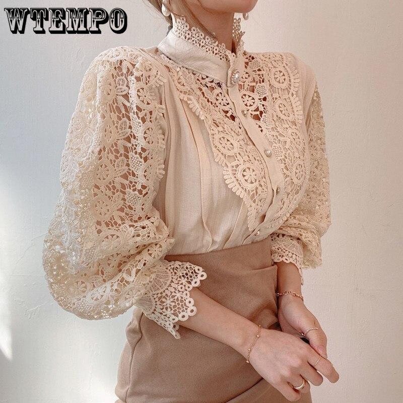 Women's Lace Blouse Petal Sleeve Women's Hollow Blouse Chic Button Floral Lace Patchwork Blouse Women's Tops