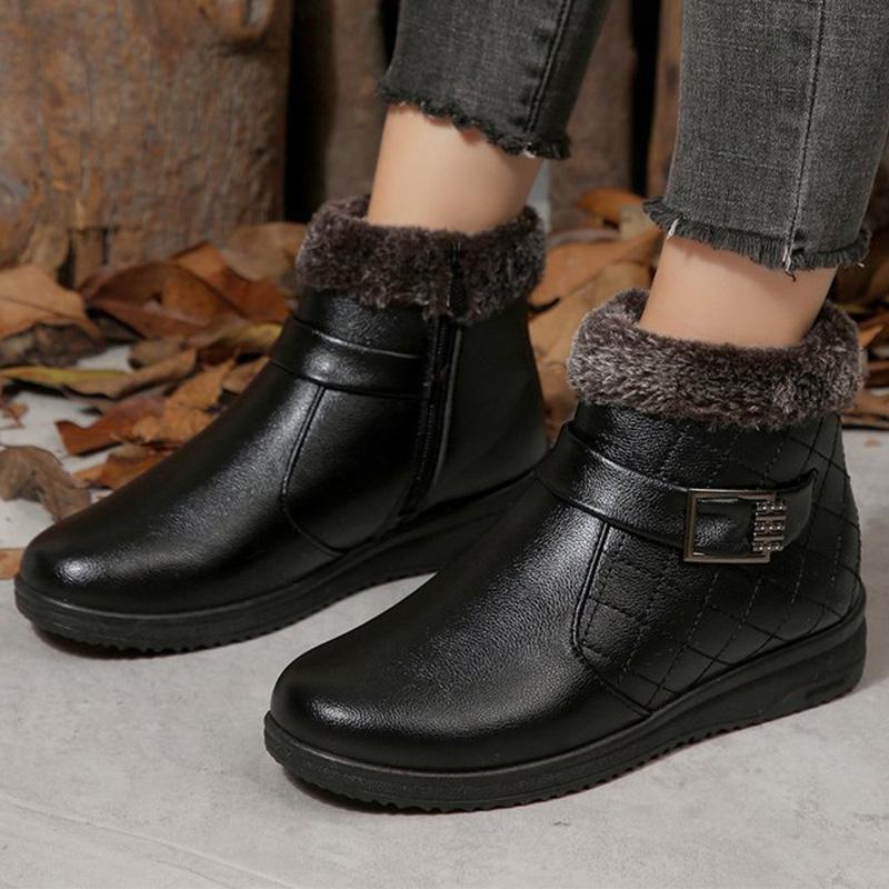 Fashion Retro Faux Pu Leather Snow Boots Women Winter 2025 Zipper Up Wedges Snow Boots Woman Anti Slip Furry Warm Booties Female