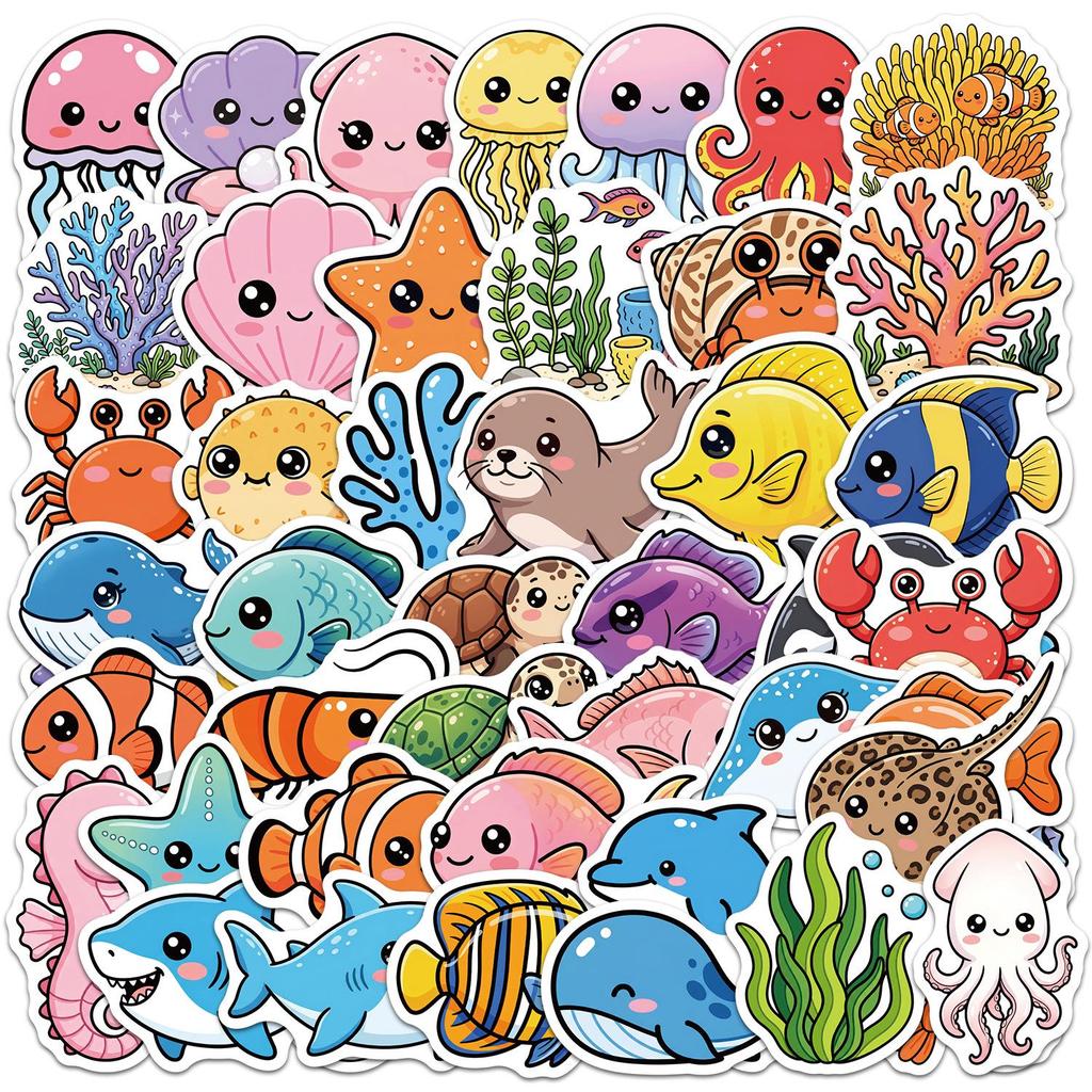 50 Cute Ocean Creature Doodle Waterproof Stickers for Phones