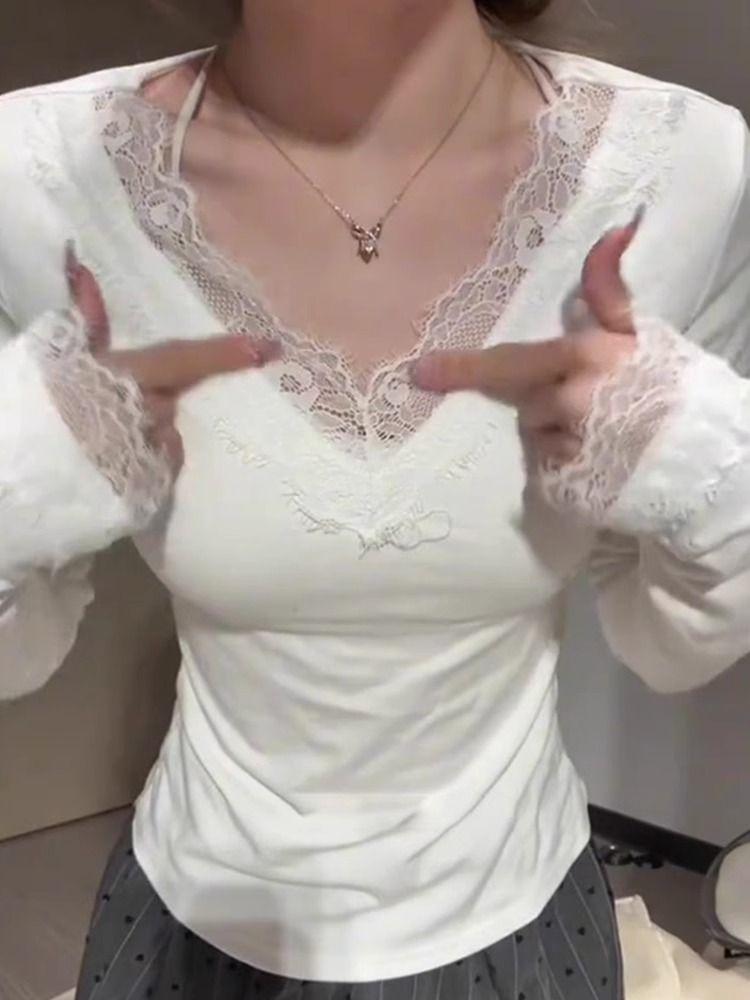 Camisetas anchas de encaje sexys para mujer, camisetas lisas, lindas camisetas con escote en V profundo, camisetas de moda para dama