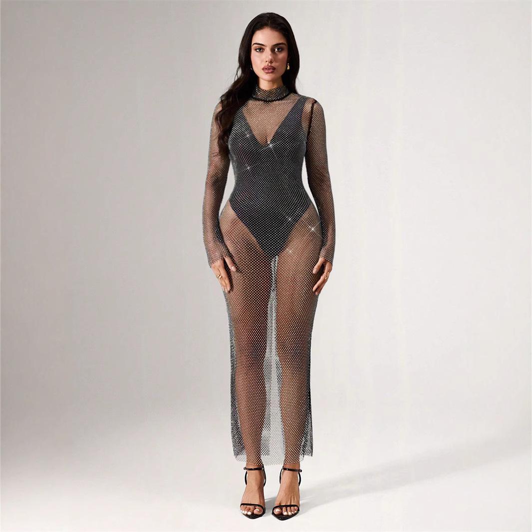 

Cross-Border Sexy Rhinestone Mesh Long Sleeve Dress S чёрный