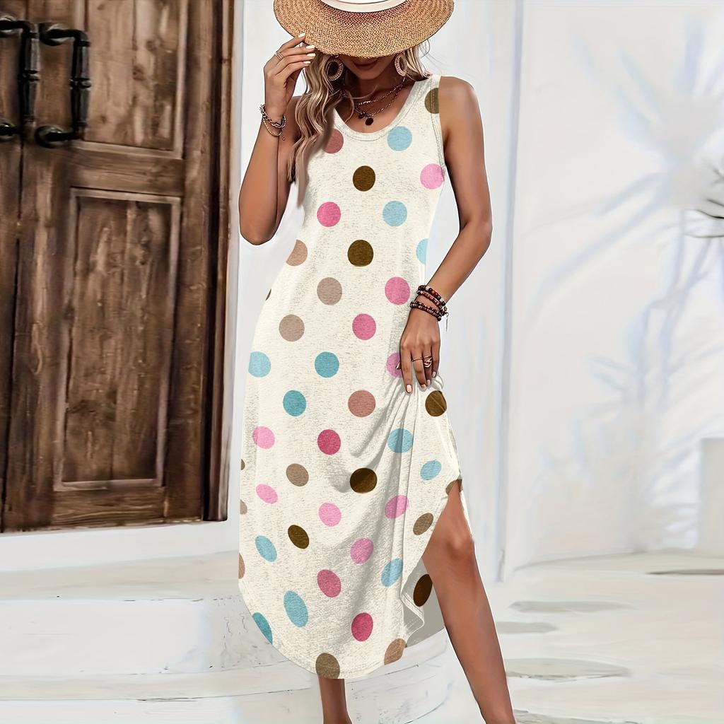 Damen ärmelloses lässiges Maxikleid lockere Passform lang mit Polkapunktdruck Sommerkleid seitlicher Schlitz leichtes bequemes Kleid