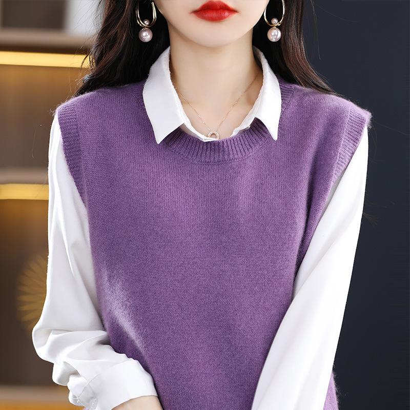 Plain Color Crew Neck Sweater Vest, Casual Versatile Sleeveless Knit Vest for Spring & Fall, Women's Clothing