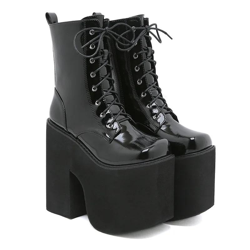 Fashion Buckle Strap Platform Boots Extreme High Heels Cool Punk Womens Mid Calf Boots Goth Shoes for Nightclub  Leather
