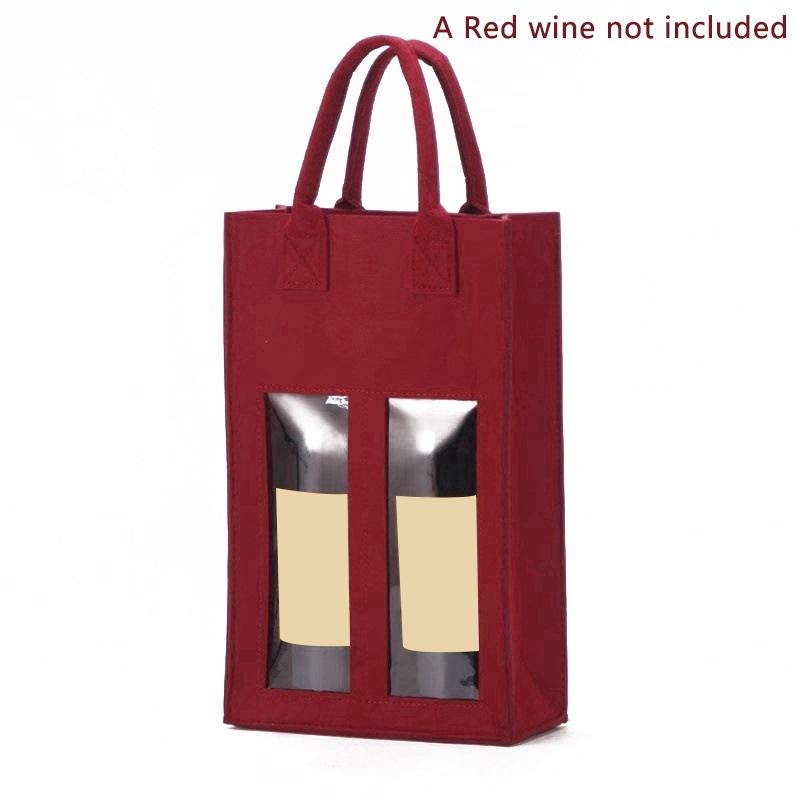 

1Pcs Felt Red Wine Handbag Wine Gift Box With Window Double Bottle Champagne Package Bags Wedding Favors For Guests A красный