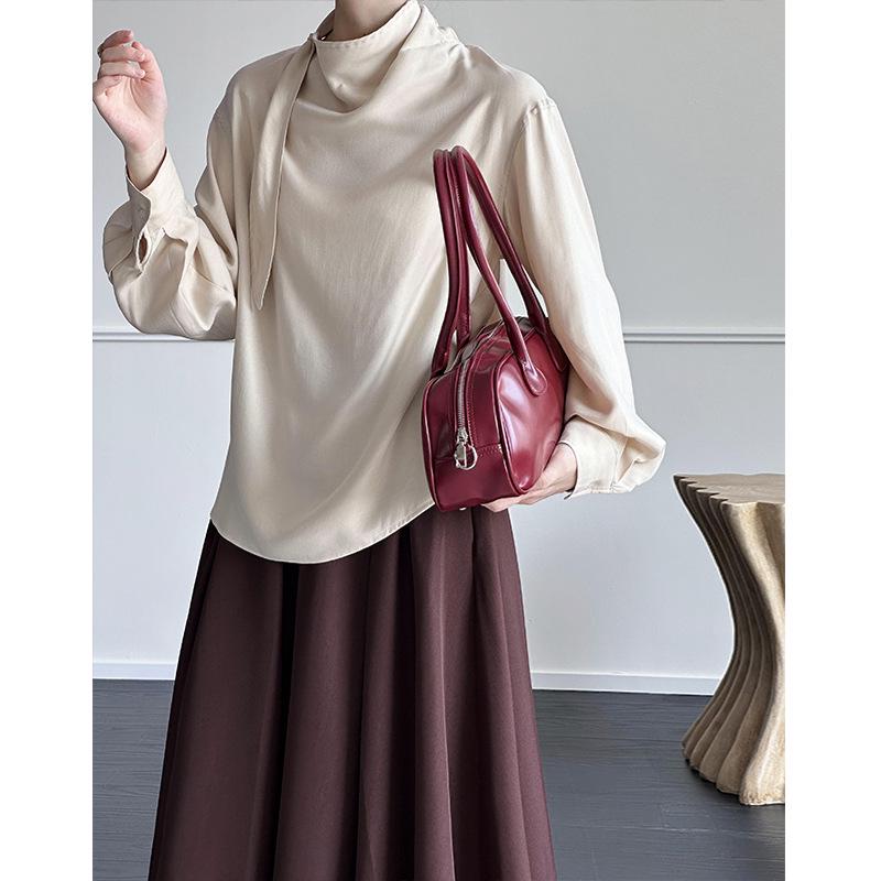 Ju Zhi 2024 Autumn Chic Slimming Irregular Drape Ribbon Shirt for Women 4533