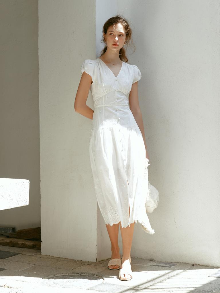 Lenina Liliana Puff Sleeve Embroidery Dress_White