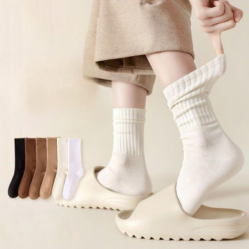 Autumn and Winter Socks Vertical Stripes Solid Color Mid Tube Socks Versatile Boneless Pile Socks Student Sports Long Socks