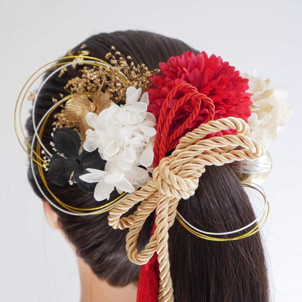 Zopf und getrocknete Blumenhaare, goldene Haare, Abschlussfeier, japanisches Kleid F5 x [Lomeri], Ornament, Pferdeschwanz, Ornament, Zeremonie zum Erwachsenwerden, Zeremonie,