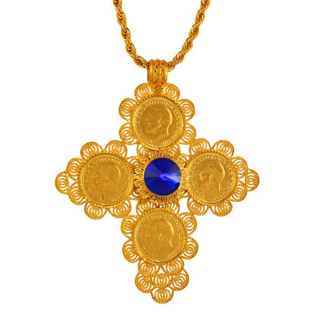 Anniyo äthiopische große Kreuz-Anhänger-Halskette für Damen und Herren, goldfarbener Schmuck, Afrika-Münzenkreuz/Eritrea-Habesha-Halskette