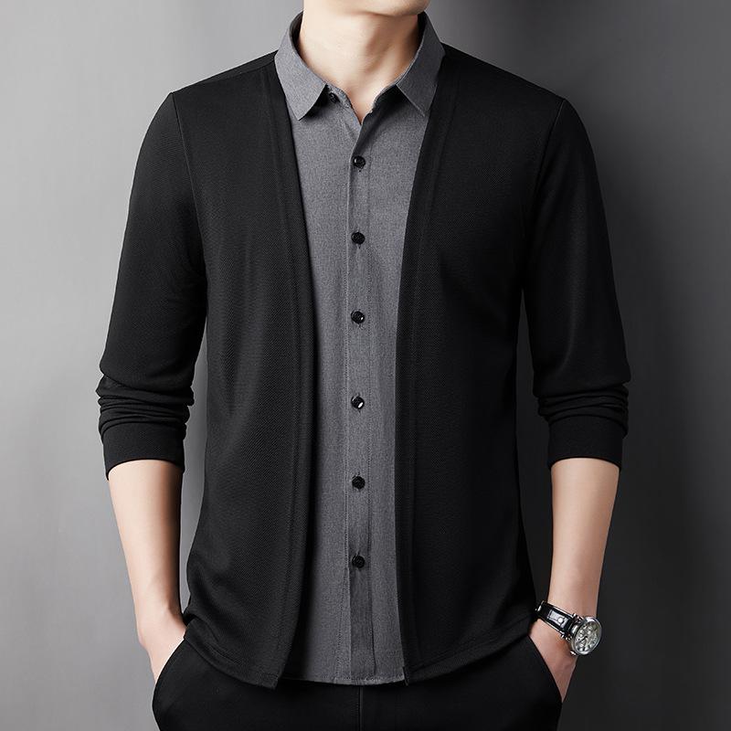 Spring Men's Two-in-One Shirt Sweater Cardigan Knitted Pullover