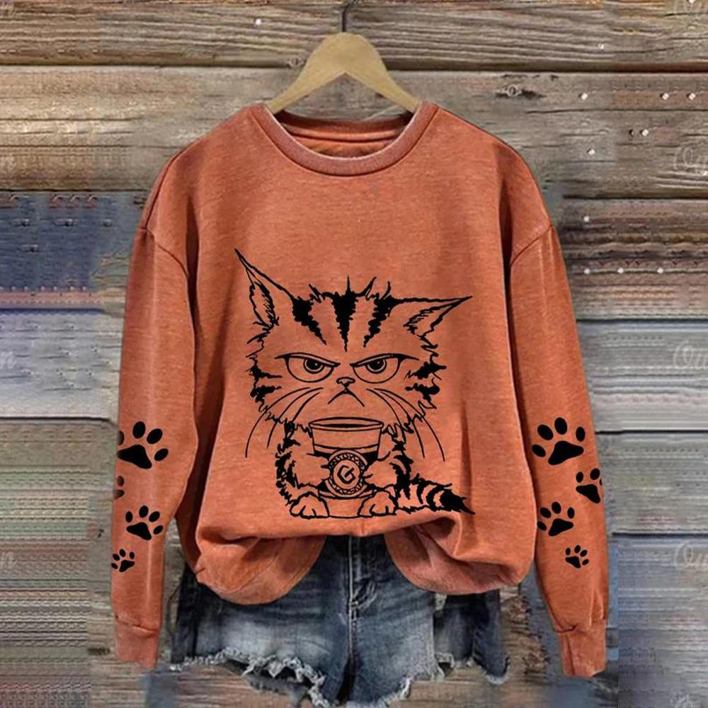 

Модные женские повседневные с длинным рукавом и круглым вырезом, симпатичные кошачьи топы, кошачий принт, свитера с животными, одежда для девочек Kawaii, топы 3XL