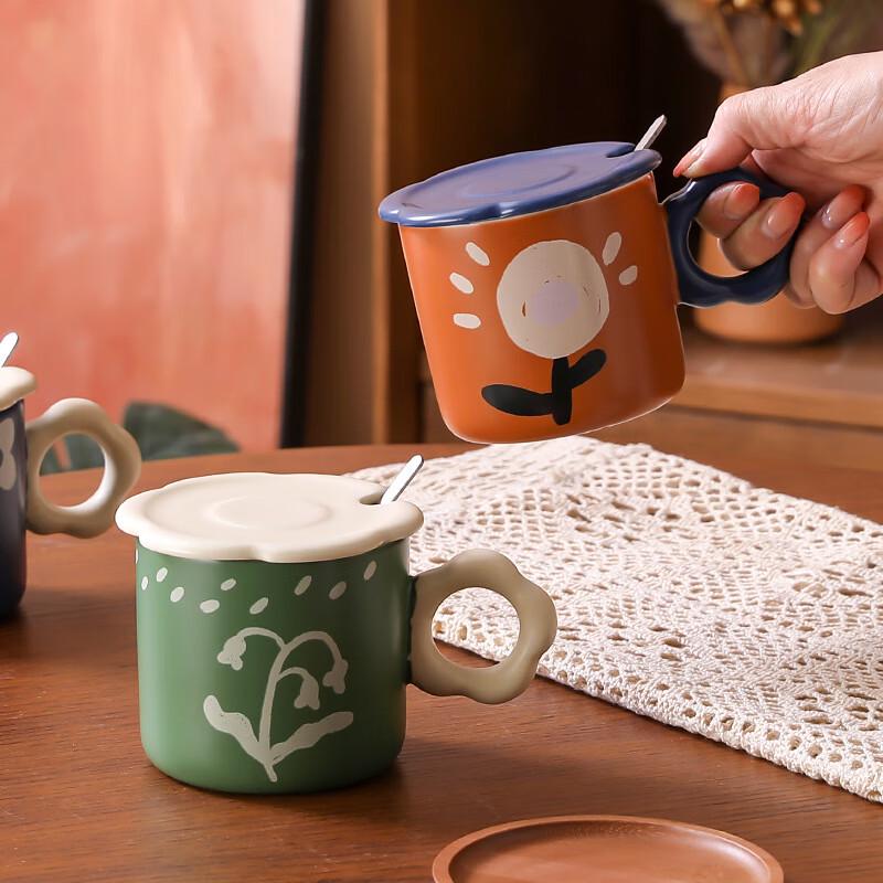 Retro Unterglasur Keramiktasse mit Deckel und Löffel