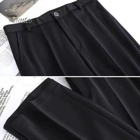 Women Suit Pants High Waist Button Zipper Fly Office Lady Trousers with Pockets Solid Color Slim Fit Straight Leg Trousers