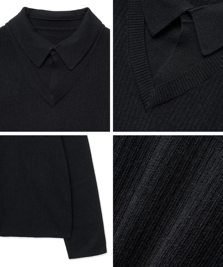 NOIRER Layered V-Neck Polo Knit (Black)