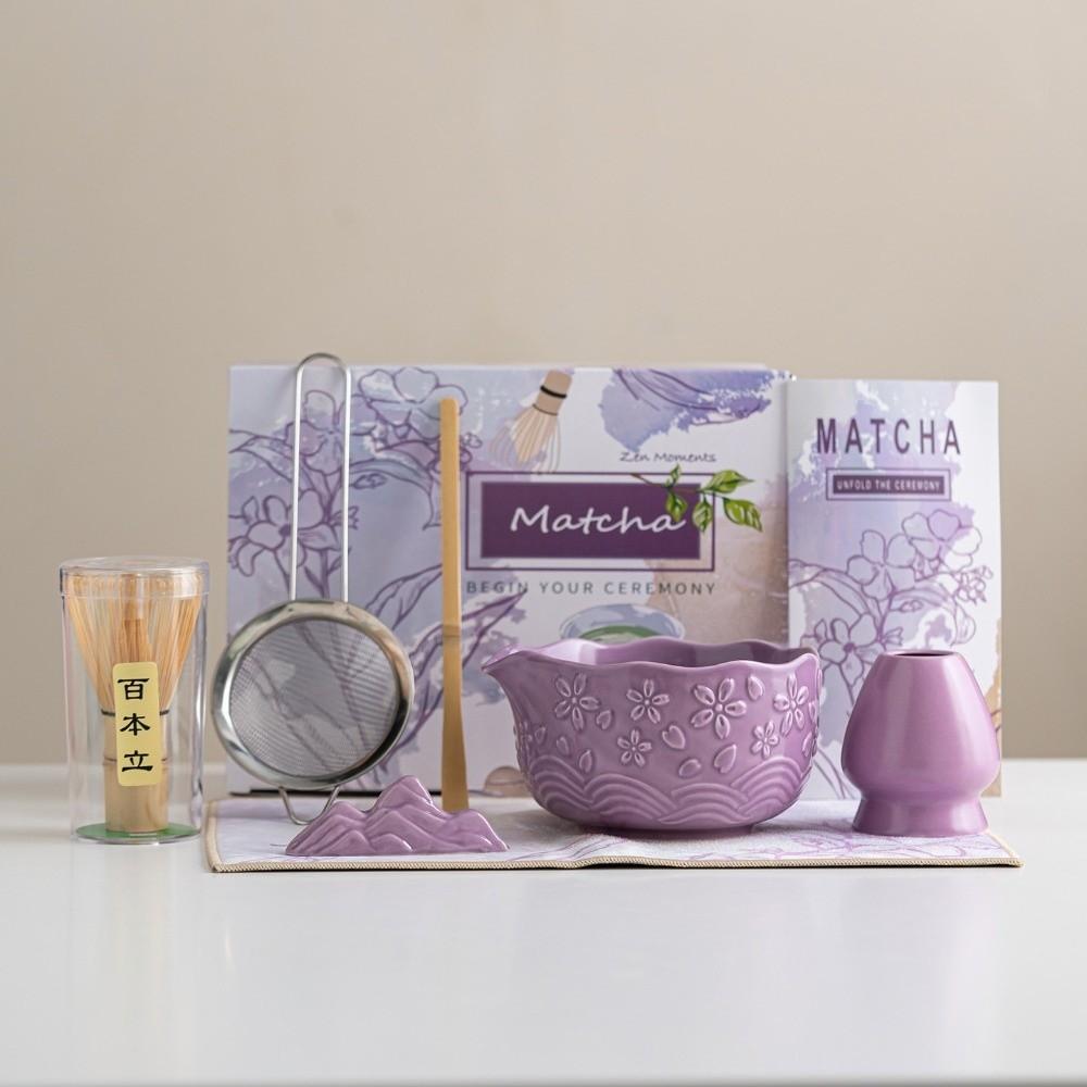 2/4/7 Pcs New Ceramic Matcha Bowl Flower Sakura Matcha Whisk Holder Reusable with Pouring Spout Matcha Making Kit Tea Lovers