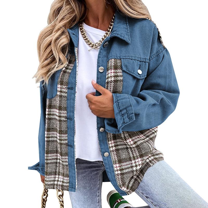 Women's Autumn and Winter Plaid Contrast Color Loose Single-breasted Denim Jacket Women Top Cardigan Long Sleeve