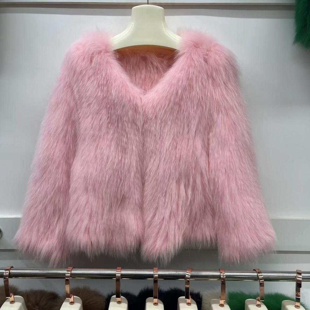 Real Fox Fur Woven Fashion Coat for Women Short Style Long Front and Short Back V-neck Fur Double-sided Young Top
