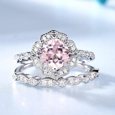 2-in-1 Exquisite Morganite Floral Rings Set Valentine Gift Women Wedding Ring Jewelry