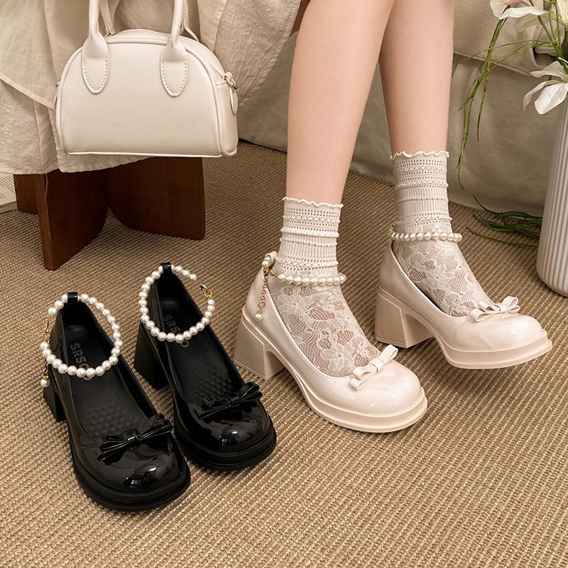 Fashion Elegant Pearls Chain High Heels Mary Jane Shoes Women 2025 Bowknot Thick Heel Pumps Woman Round Neck Patent Leather Party Shoes