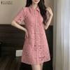 ZANZEA Women Casual Turn Down Collar Short Sleeve Lace Crochet Patchwork Elegant Dress