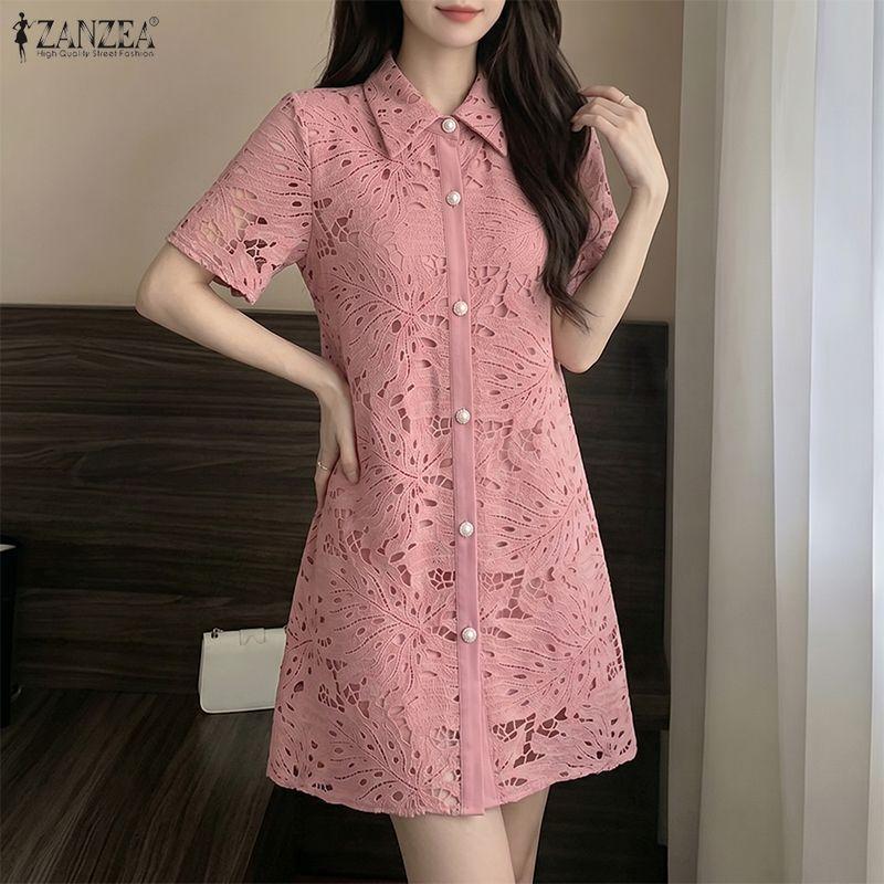 ZANZEA Women Casual Turn Down Collar Short Sleeve Lace Crochet Patchwork Elegant Dress