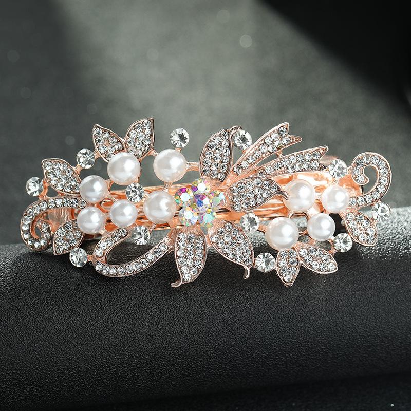 Clip de Primavera de Circonita Blanca Flor de Pedrería Brillante Clip Superior Clip Horizontal Elegante Adorno para el Cabello de Moda para Madres