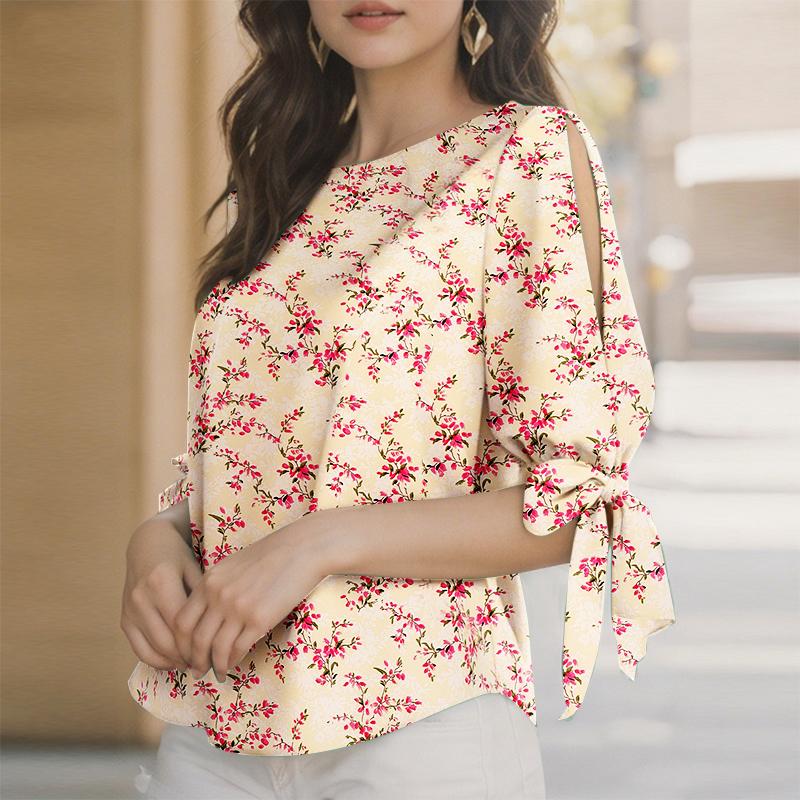 

ZANZEA Женская повседневная блузка с круглым вырезом, шнуровкой, рукавом до локтя и цветочным принтом 2XL абрикосовый