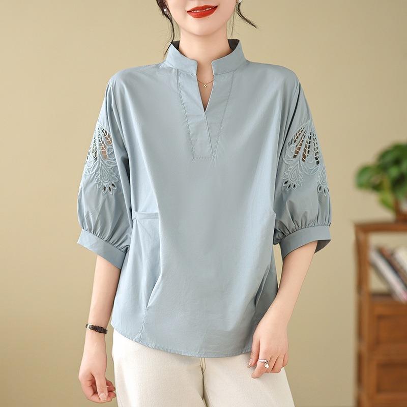 Women V Neck Hollow Out Loose Plus Size Casual Summer Shirt Blouse M синий