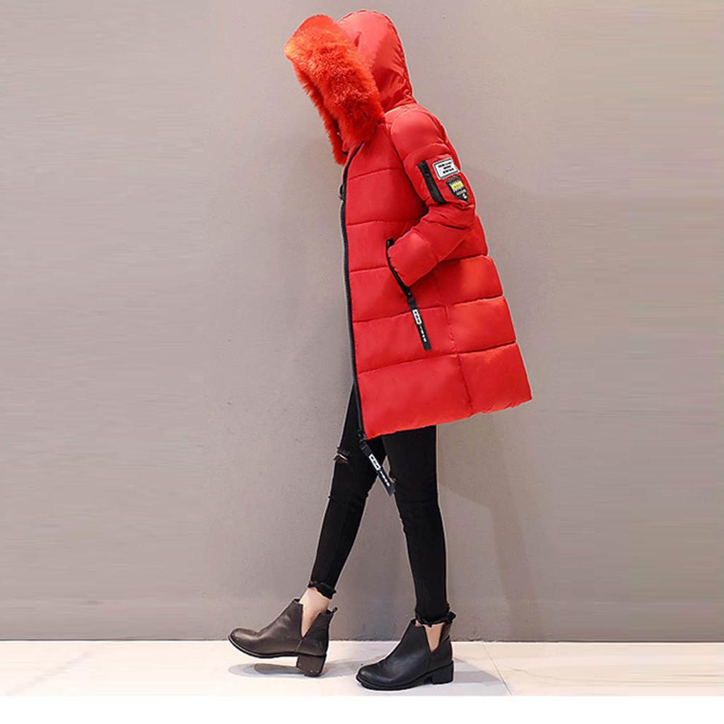 Women's Fashion Big Hair Collar Slim Waist Long Down Cotton Jacket Cotton Coat