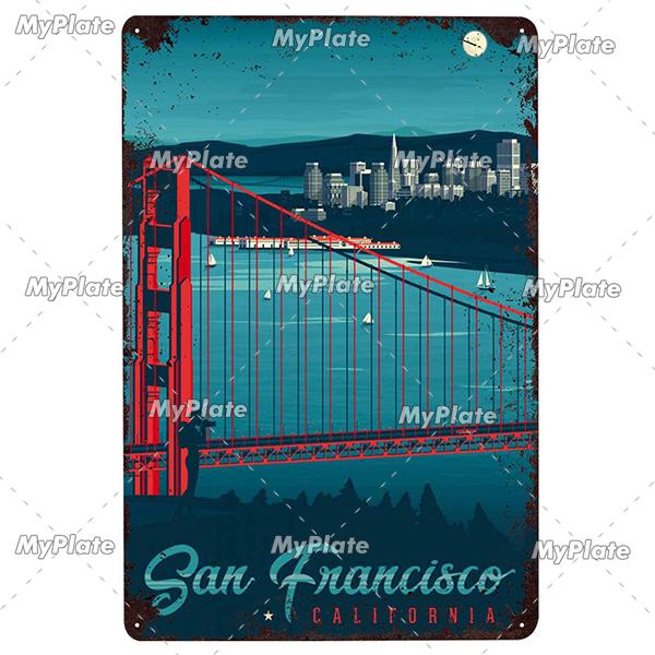 USA Tin Signs Vintage Metal Sign City Plaque Wall Decor for Garage Bar Pub Man Cave Decorative Plate Iron Country Painting