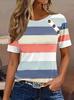 Womens Casual Striped Button Decor Short Sleeve T Shirt