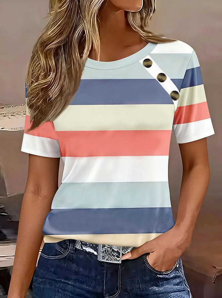 Womens Casual Striped Button Decor Short Sleeve T Shirt