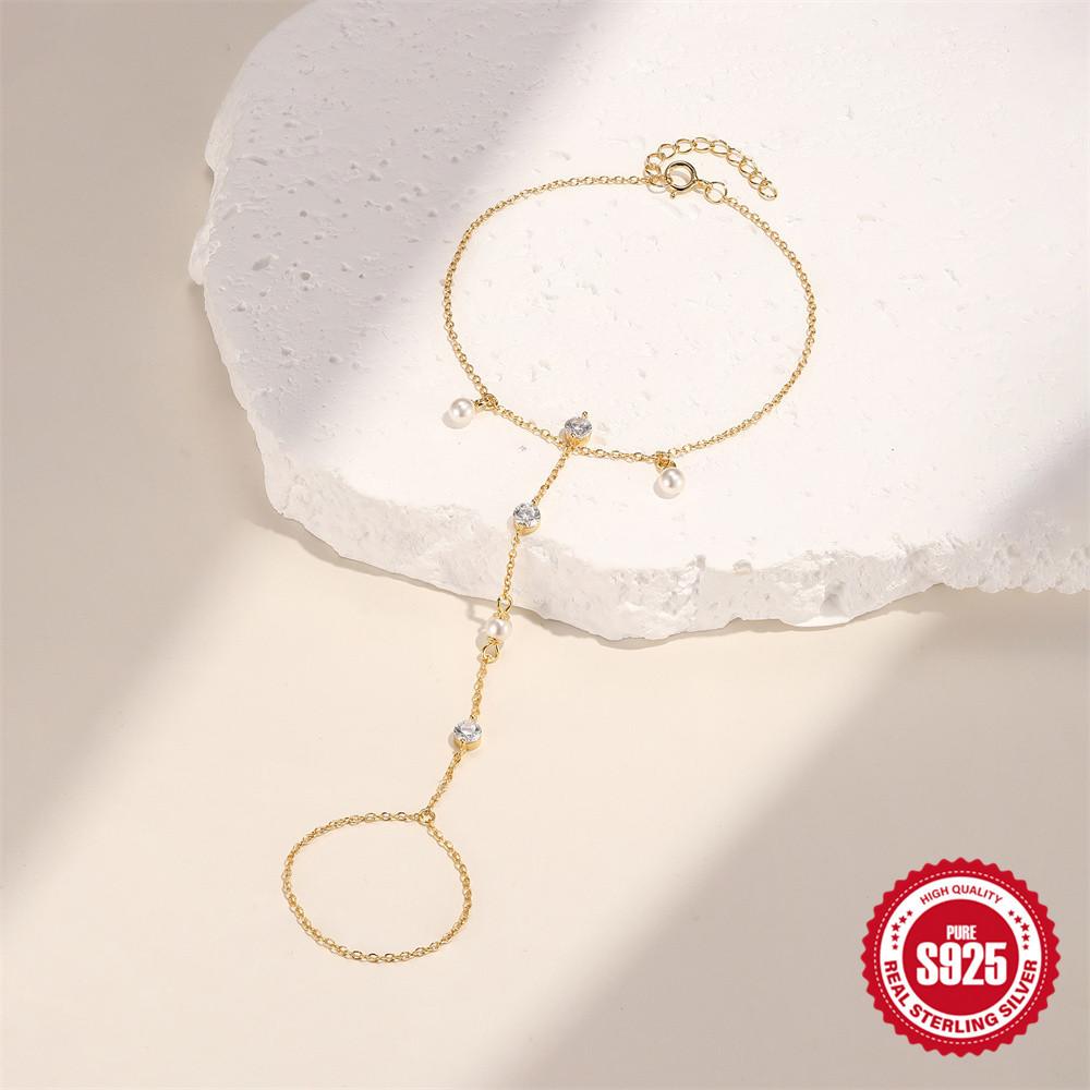 S925 Sterlingsilber Damenring Temperament Perlenquaste Eleganter Armreif Mehrlagiger Stapelarmreif Ring Zwei-in-Eins