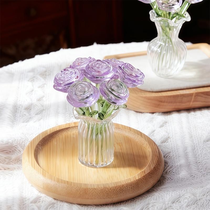 Miniature Crystal Rose Flower Figurine with Crystal Vase Handmade Rose Bouquet Gift for Mom Women Collectible Ornaments