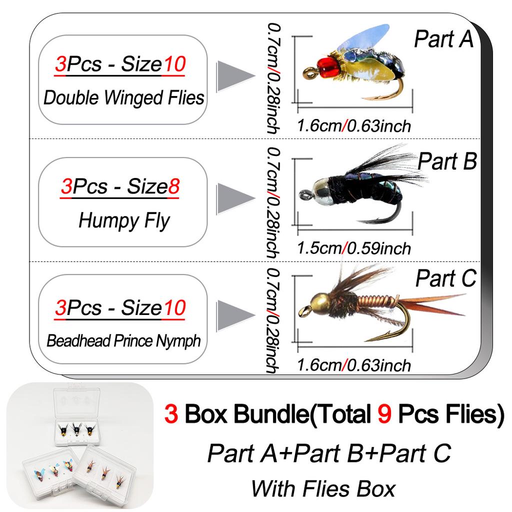 Fly Fishing Flies 9Pcs-3 Boxs Bundle Artificial 3 different styles Wet Flies Bait for Freshwater and Seawater for Fishing Trout/Perch Fishing Lure
